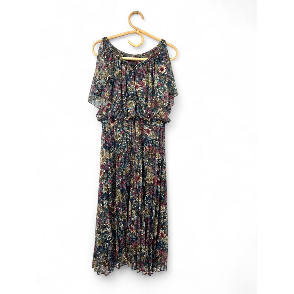 Vintage 70's Women's Pleated Flutter Sleeve Dress M Floral Lace - Picture 5 of 6
